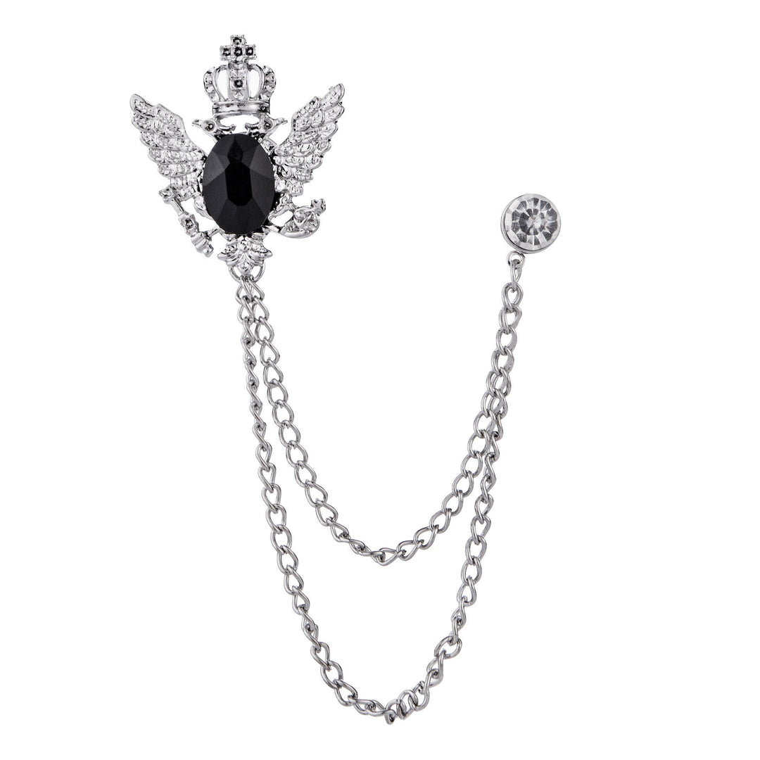 Retro Gem-Adorned Eagle and Crown Double-Chain Gold Accent Brooch - Sliver - image 1