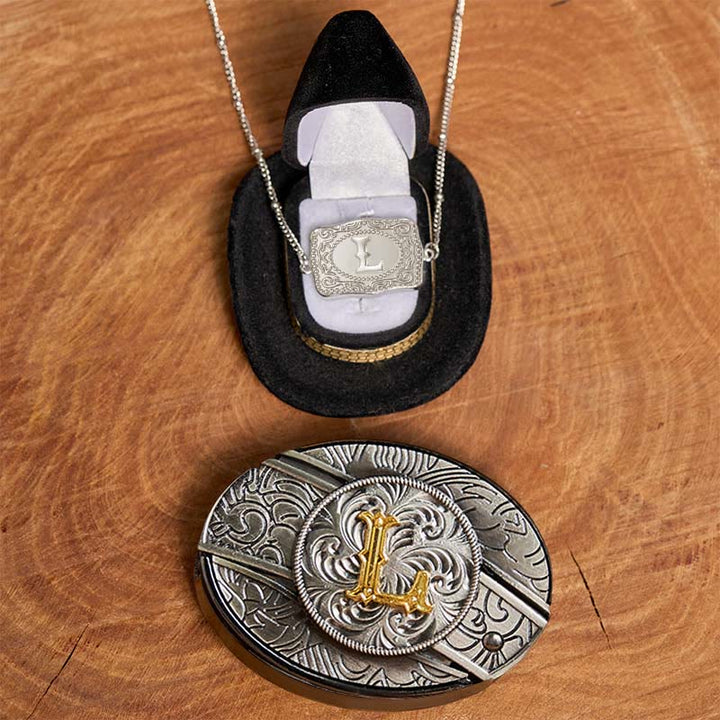 Initial Letter DIY Hidden Knife Belt Buckle Silver Necklace Bundle Set - L - Without Belt - image 17