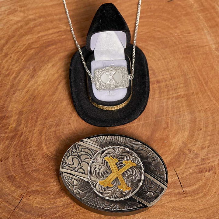 Initial Letter DIY Hidden Knife Belt Buckle Silver Necklace Bundle Set - X - Without Belt - image 29