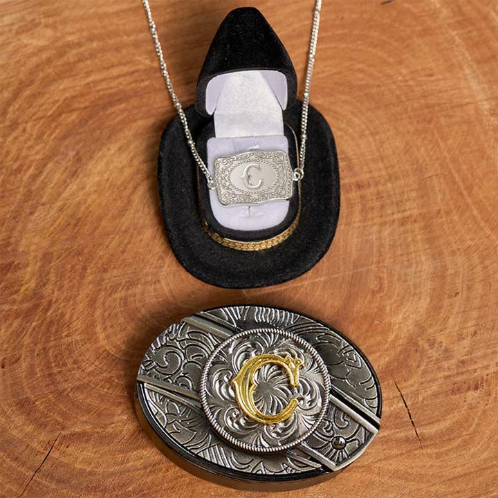 Initial Letter DIY Hidden Knife Belt Buckle Silver Necklace Bundle Set - C - Without Belt - image 8