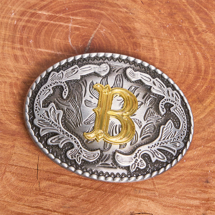 Men's Vintage Silver Oval Carved Golden Letter Buckle Leather Belt - image 5