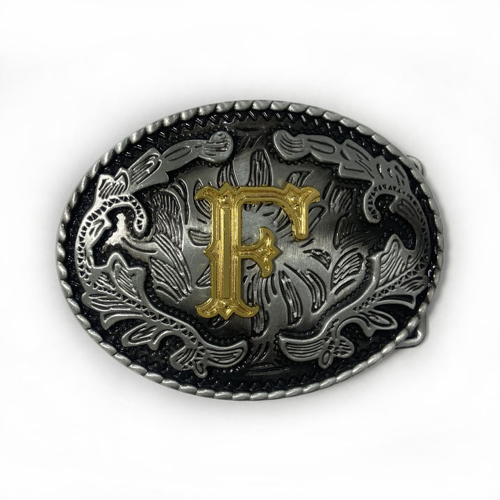Men's Vintage Silver Oval Carved Golden Letter Buckle Leather Belt - F - Without Belt - image 14