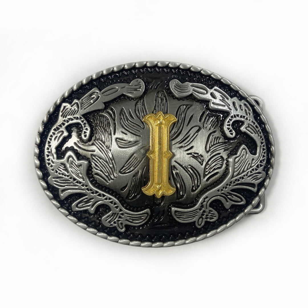 Men's Vintage Silver Oval Carved Golden Letter Buckle Leather Belt - I - Without Belt - image 17