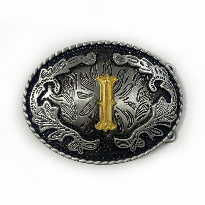 Men's Vintage Silver Oval Carved Golden Letter Buckle Leather Belt - I - Without Belt - image 17