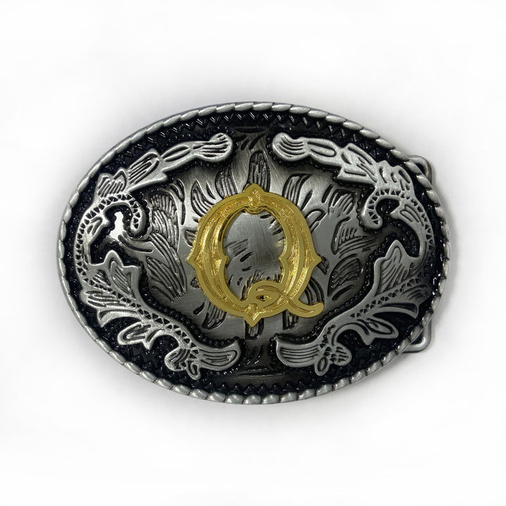 Men's Vintage Silver Oval Carved Golden Letter Buckle Leather Belt - Q - Without Belt - image 25