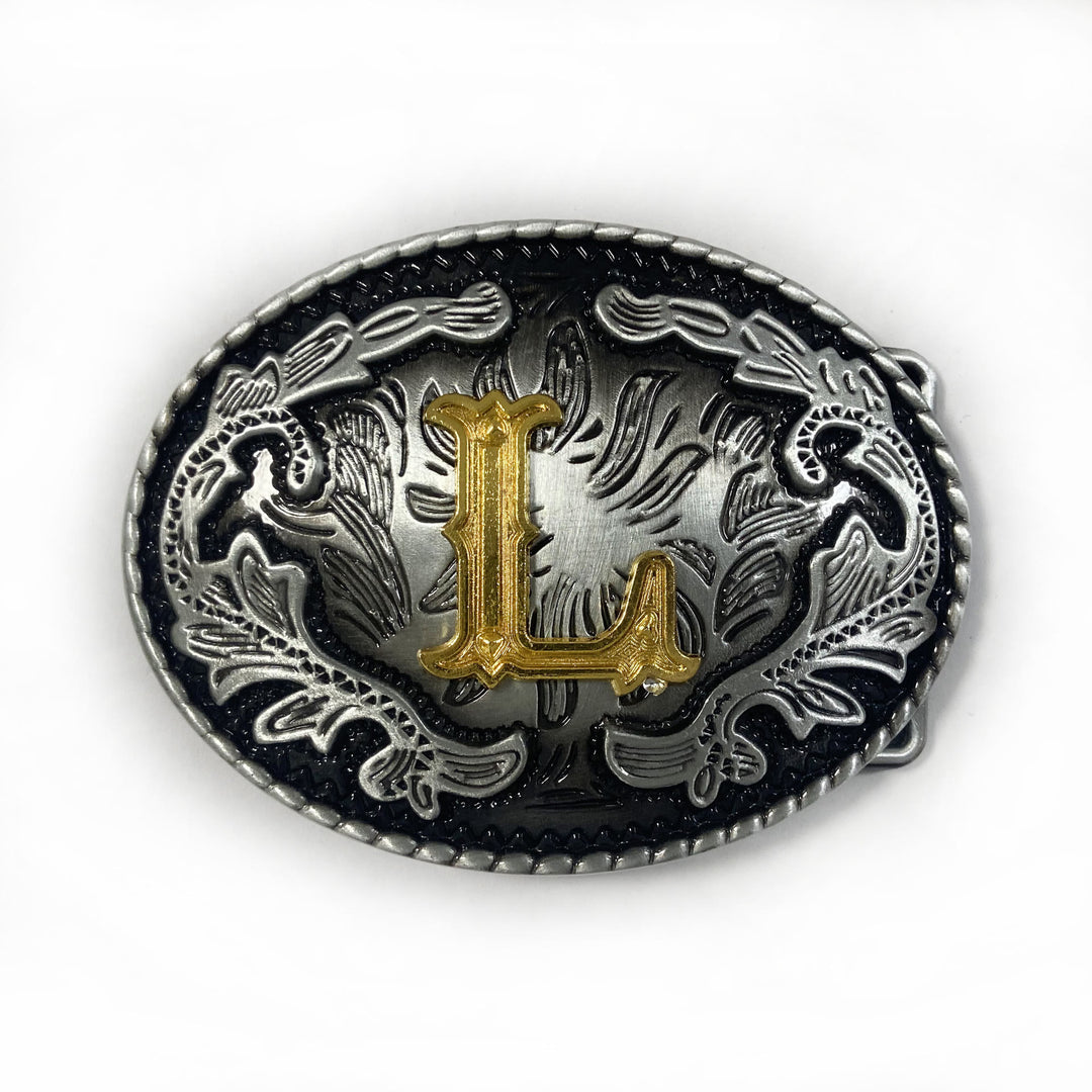 Men's Vintage Silver Oval Carved Golden Letter Buckle Leather Belt - L - Without Belt - image 20