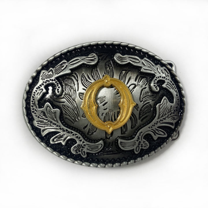 Men's Vintage Silver Oval Carved Golden Letter Buckle Leather Belt - O - Without Belt - image 23