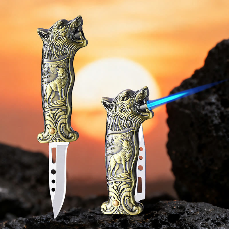 2-in-1 Wolf Head Folding Knife Butane Lighter - Bronze - image 5