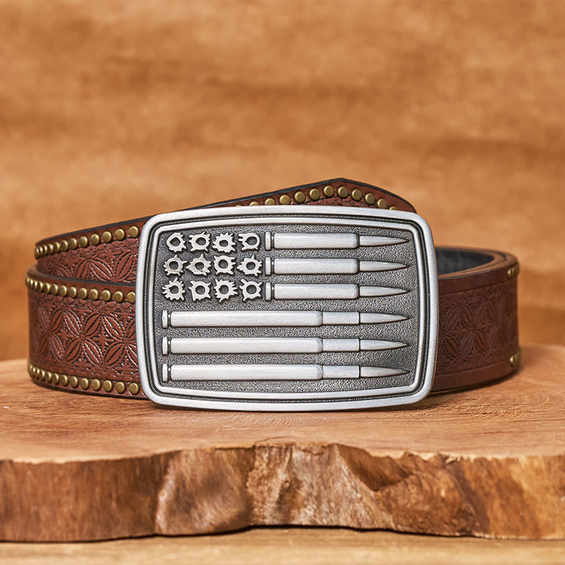 Men's Silver Bullet Rectangular Buckle Leather Belt - Brown Rivet Belt - 42 - image 4