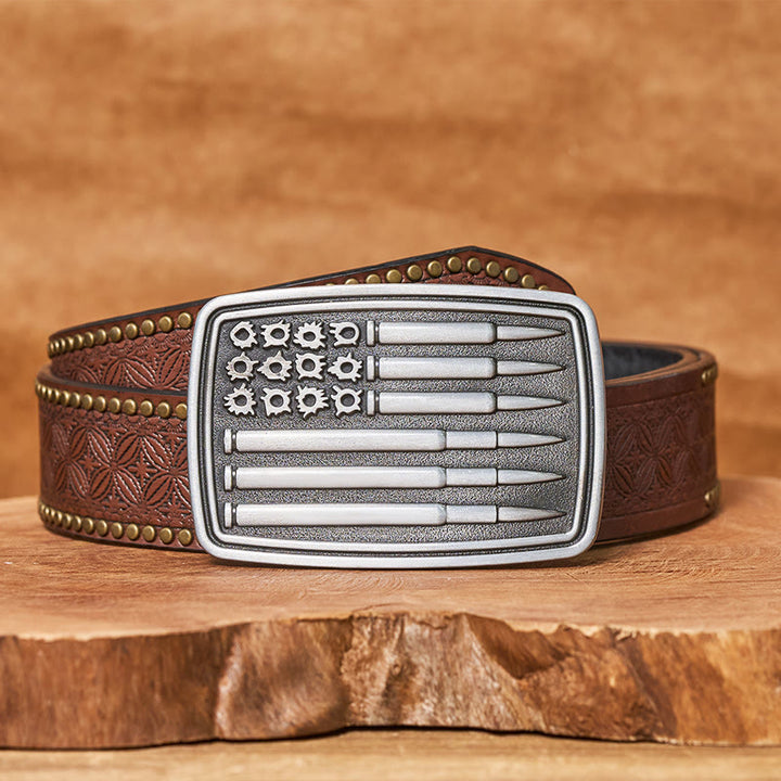Men's Silver Bullet Rectangular Buckle Leather Belt - Brown Rivet Belt - 42 - image 4