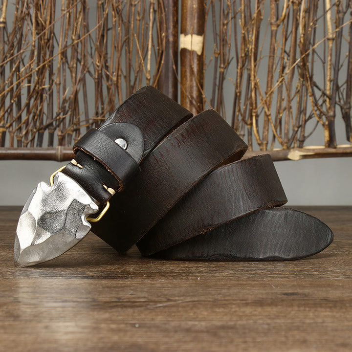 Men's Retro Distressed Silver Triangular Arrow Buckle Leather Belt - Coffee - 46 - image 6