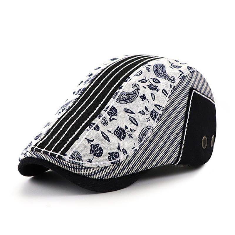 Vintage Paisley & Stripe Patchwork Flat Top Beret Hat - Black - Adjustable (22"-23 5/8") - image 3