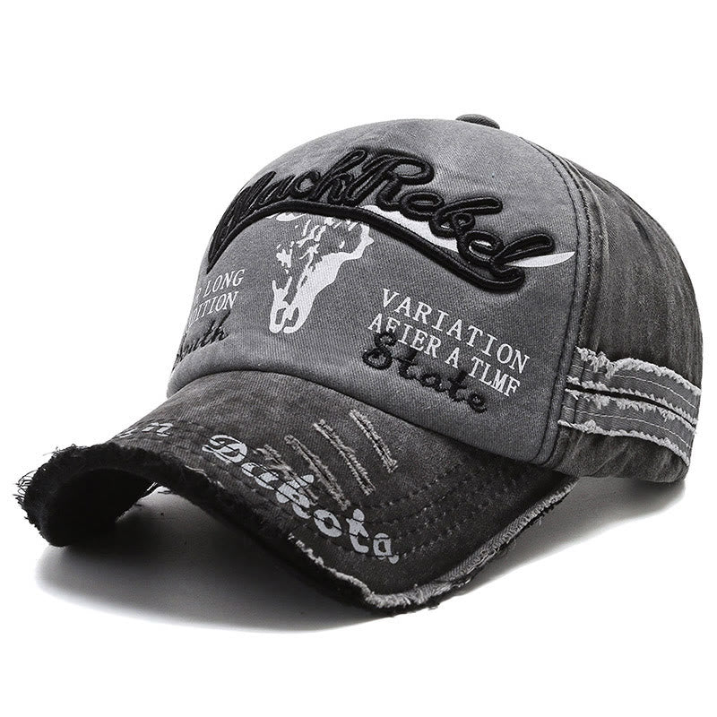 Vintage Western Style Worn-out Longhorned Bullhead Baseball Cap - Black - M (22''-22 7/8") - image 0
