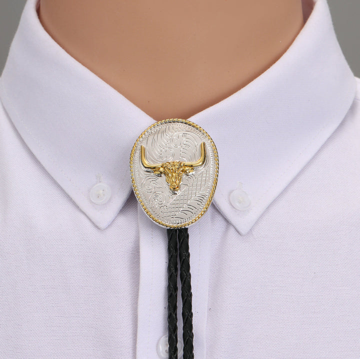 Western Retro Golden Bullhead Silver Plate Bolo Tie - Golden Bullhead - image 0