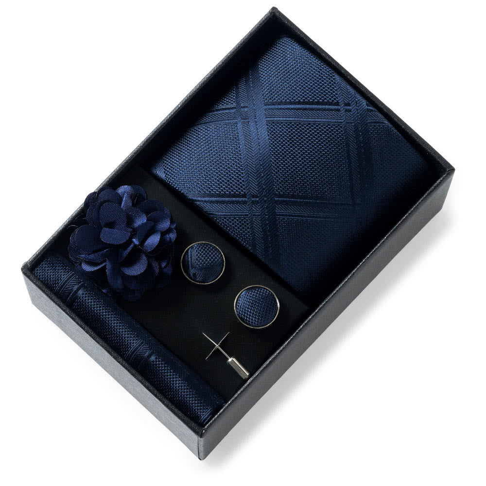 4Pcs Men's Stylish Patterned Fabric Necktie Pocket Square Cufflink And Lapel Flower Set - Style #14 - image 13