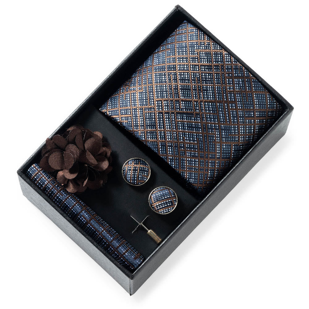 4Pcs Men's Stylish Patterned Fabric Necktie Pocket Square Cufflink And Lapel Flower Set - Style #3 - image 2