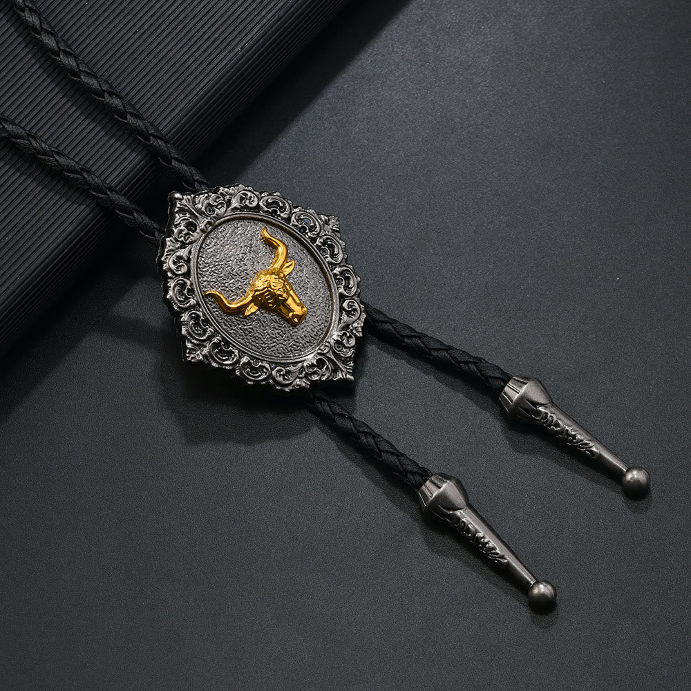 Horse And Bull Head Emblem Vintage Carved Metal Bolo Tie - Bull - image 2