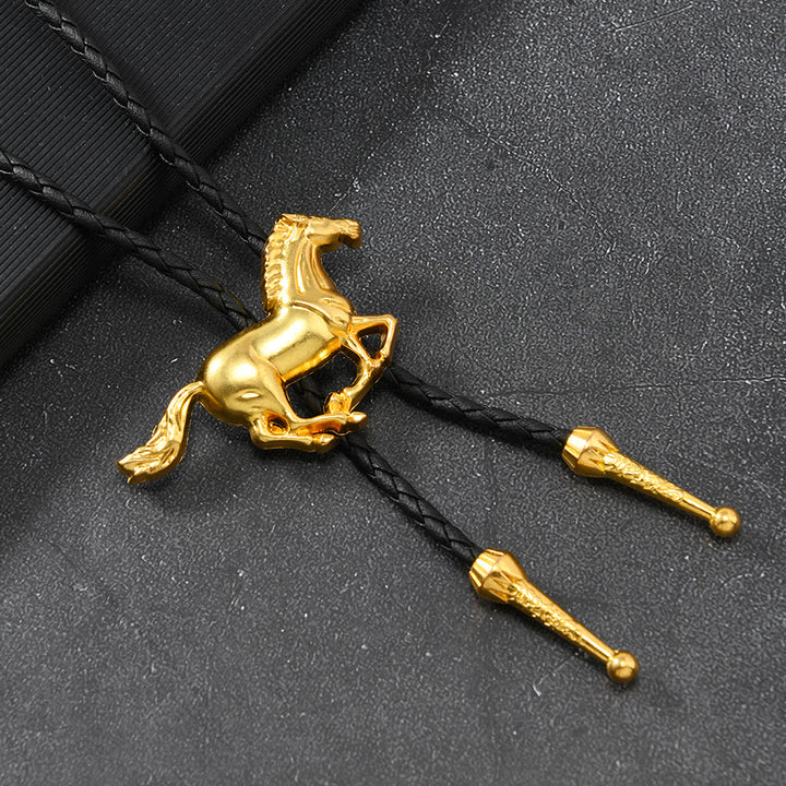 Galloping Horse Emblem Vintage Metal Bolo Tie - Gold - image 3