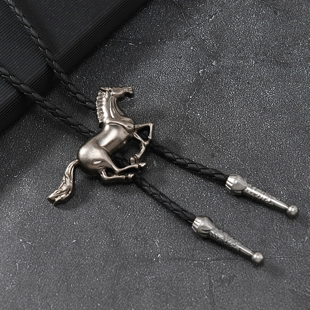 Galloping Horse Emblem Vintage Metal Bolo Tie - Antique Silver - image 2