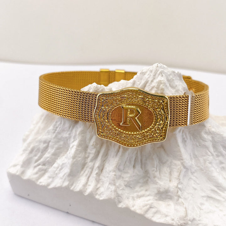 Glamorous Gold Tone Engraved Initial Letter Bracelet - R - image 17
