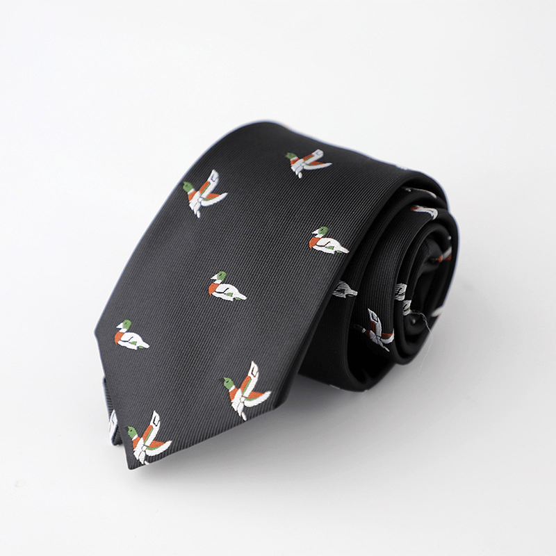 Men's Playful Duck-Patterned Black Hand-Tied Necktie - Black - image 0