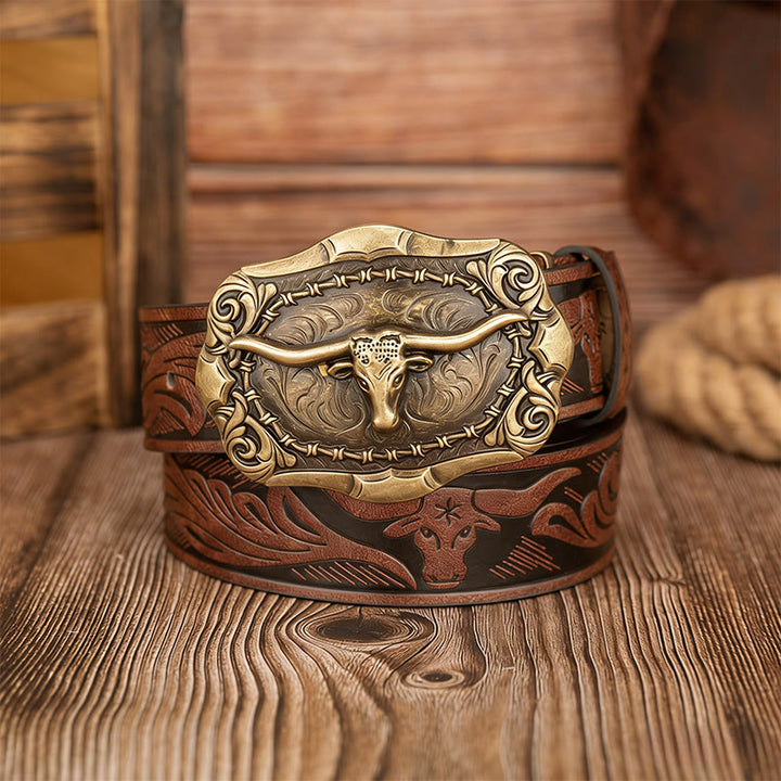 Men's Retro Bull Head Carved Buckle Leather Belt - Brown - 38 - image 0