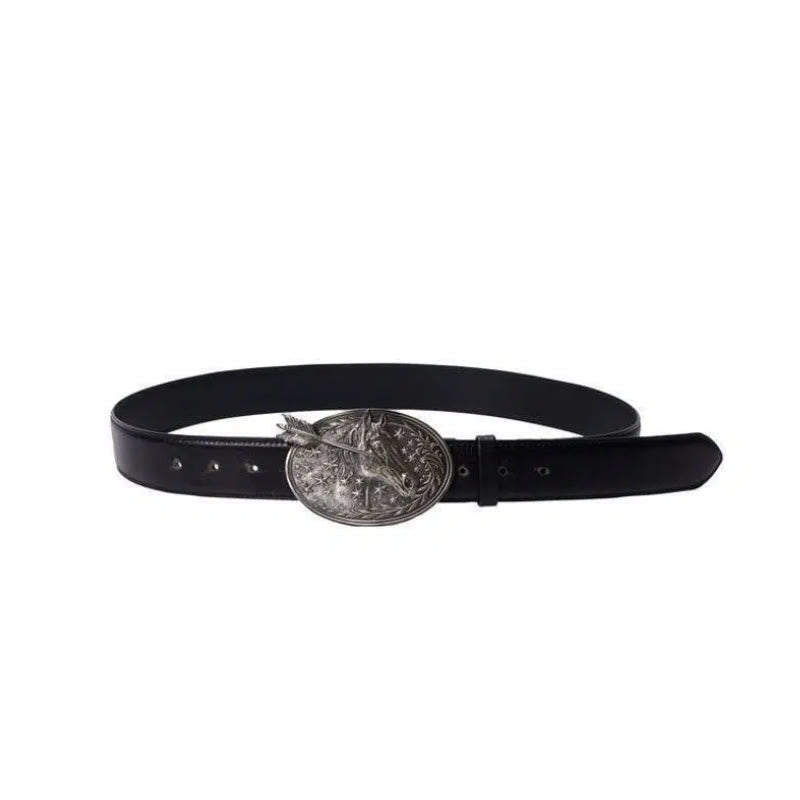 Men's Silver Horsehead Arrow Stars Buckle Black Leather Belt - image 2