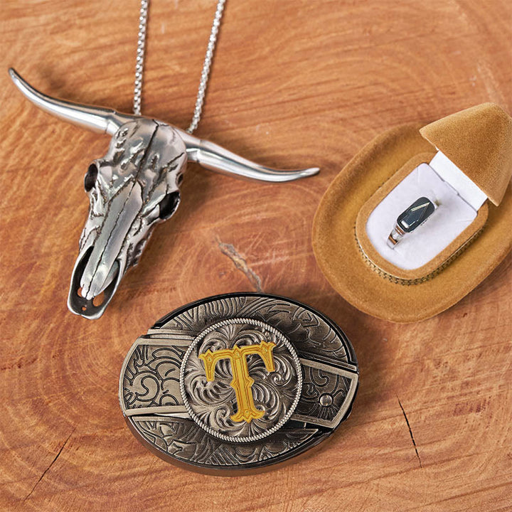 Initial Letter DIY Hidden Knife Belt Buckle Bull Head Pendant Ring Bundle Set - T - Without Belt - image 25