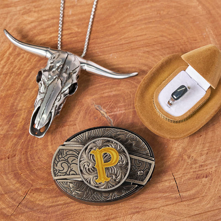 Initial Letter DIY Hidden Knife Belt Buckle Bull Head Pendant Ring Bundle Set - P - Without Belt - image 21