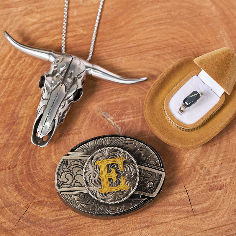 Initial Letter DIY Hidden Knife Belt Buckle Bull Head Pendant Ring Bundle Set - E - Without Belt - image 10