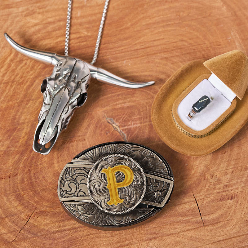 Initial Letter DIY Hidden Knife Belt Buckle Bull Head Pendant Ring Bundle Set - P - Without Belt - image 21