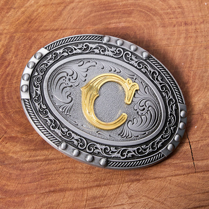 Men's Silver Black Oval Golden Letter Buckle Leather Belt - image 3