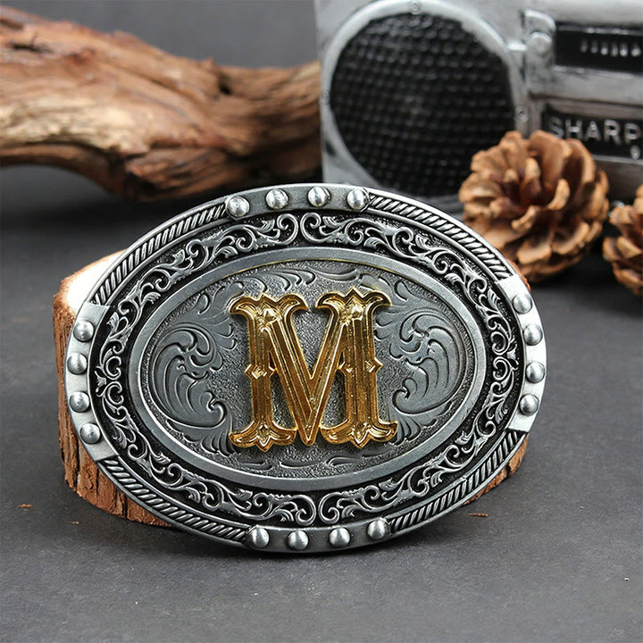 Men's Silver Black Oval Golden Letter Buckle Leather Belt - M - Without Belt - image 20