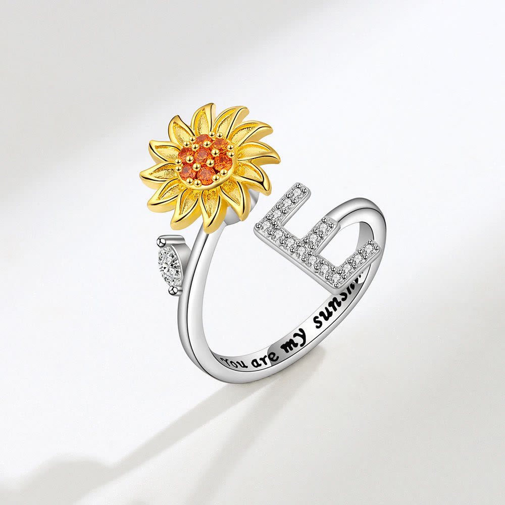 Anxiery Rotating Sunflower Initial Letter Adjustable Ring - E - image 5