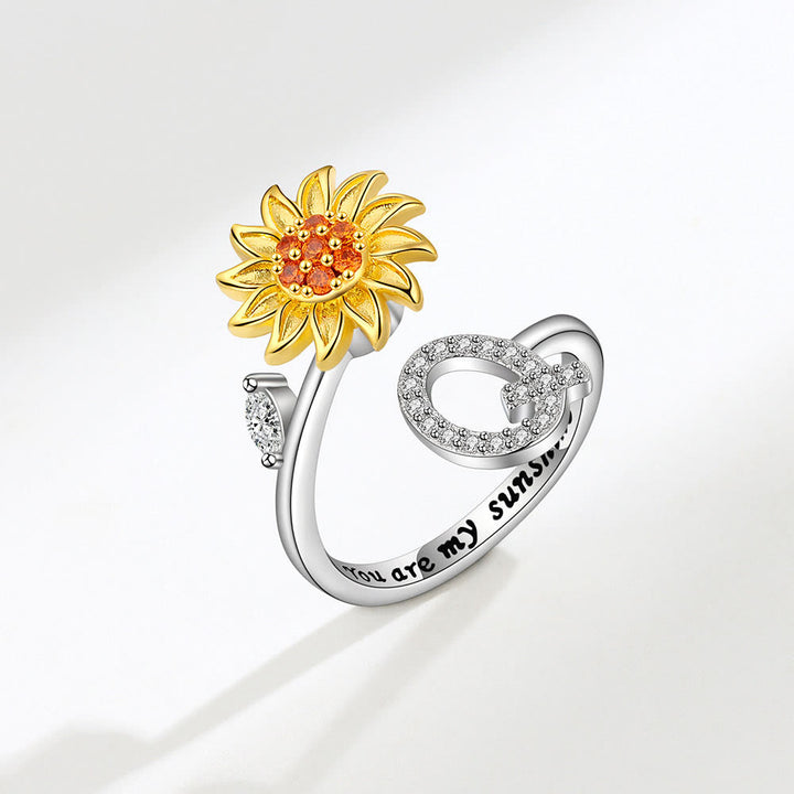 Anxiery Rotating Sunflower Initial Letter Adjustable Ring - Q - image 17