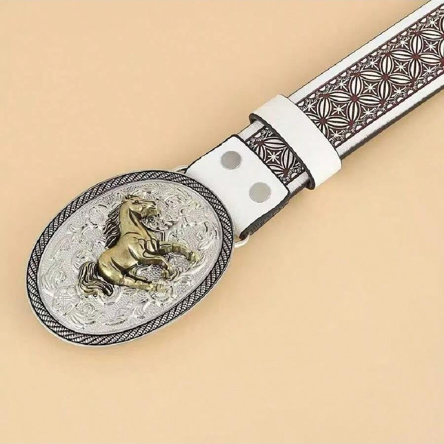 Vintage Gold Horse-Carved Buckle Geometric Dark-Trim Leather Belt - image 2