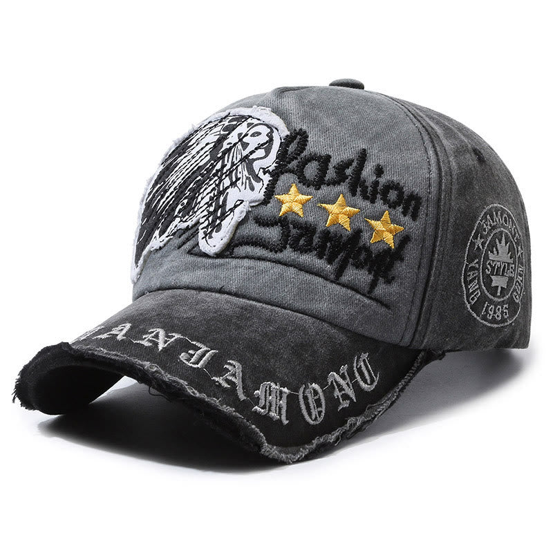 Worn-In Distressed Denim Embroidered Graphic Star Accent Multi Color Baseball Cap - Black - Adjustable (22''-23 5/8") - image 0