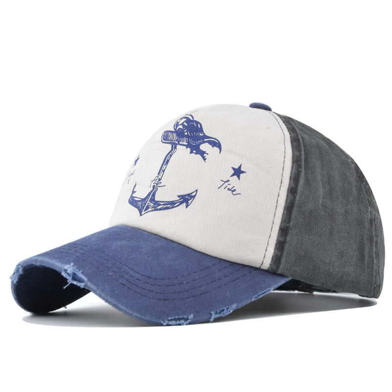 Distressed Two-Tone Anchor Print Frayed Brim Multi Color Baseball Cap - Style #7 - Adjustable (21 1/4''-23 5/8") - image 9