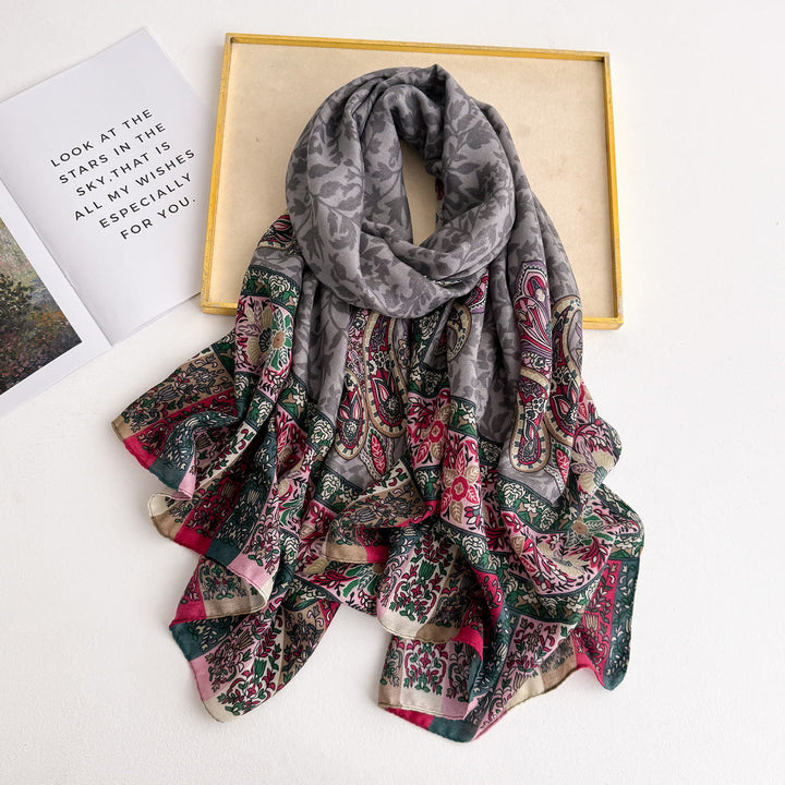 Women's Retro Patterned Lightweight Flowy Scarf - Grey - image 6