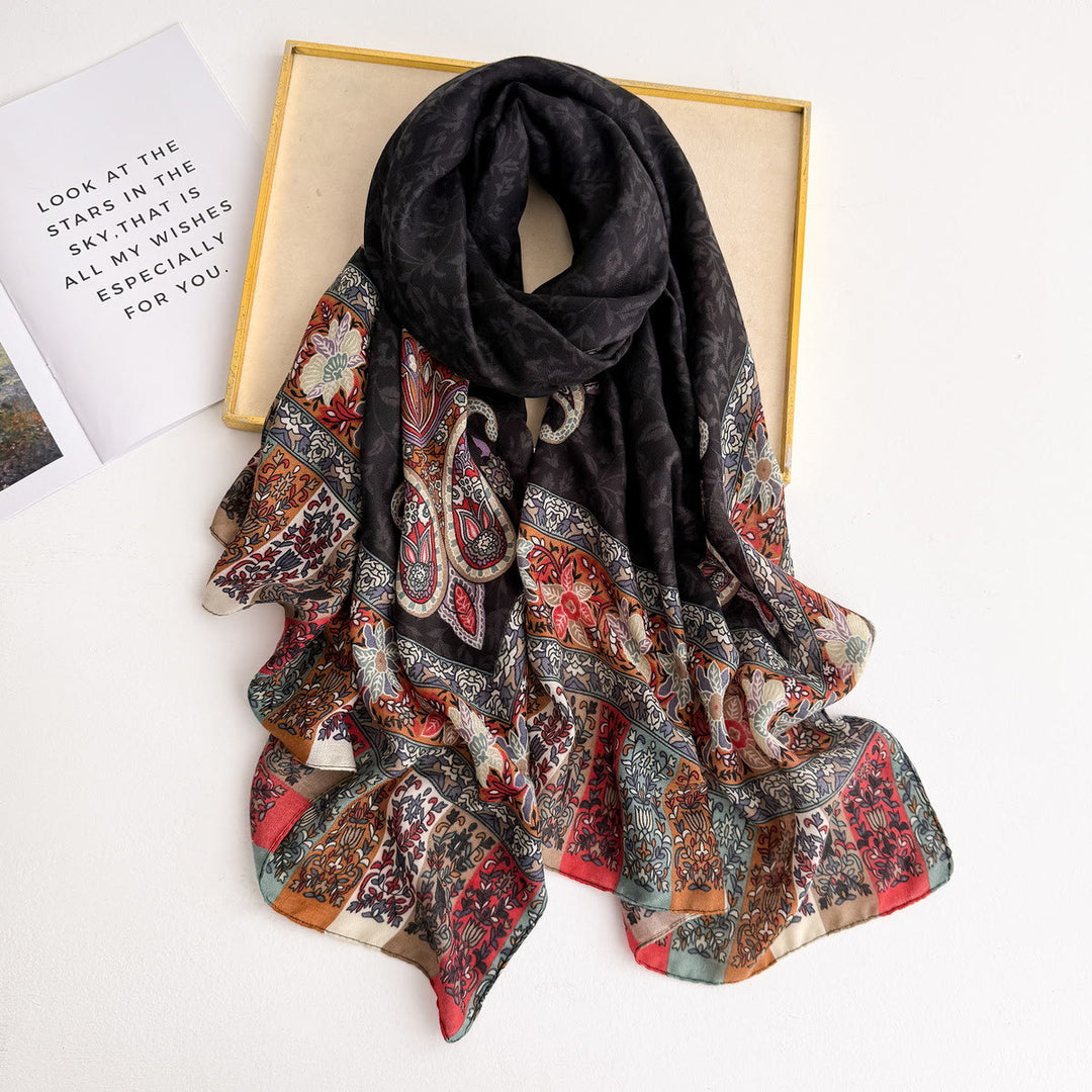 Women's Retro Patterned Lightweight Flowy Scarf - Black - image 2