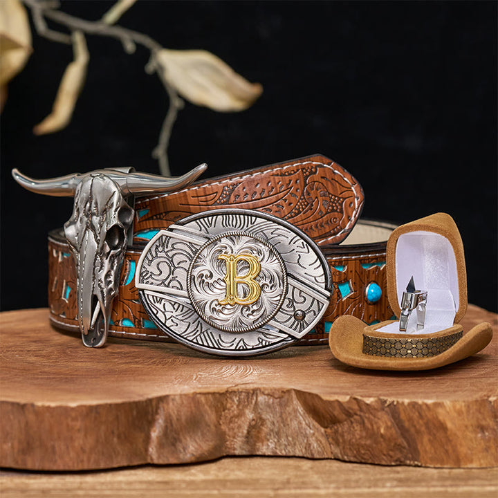 Initial Letter DIY Hidden Knife Belt Buckle Bull Head Pendant Ring Bundle Set - B - Turquoise Carved Belt (40) - image 4