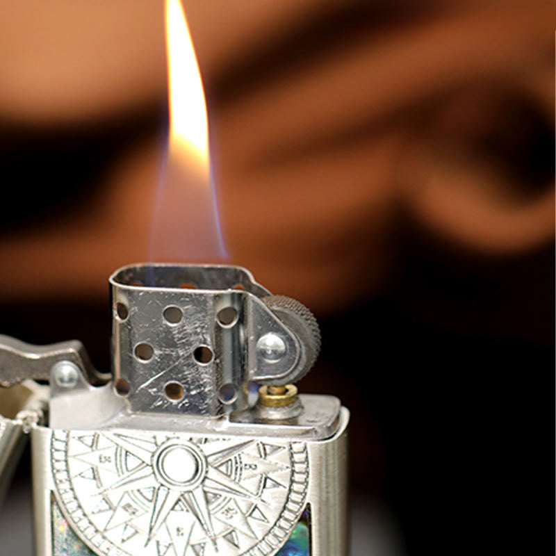 Silver Metal Colored Shell Compass Carved Kerosene Lighter - image 4