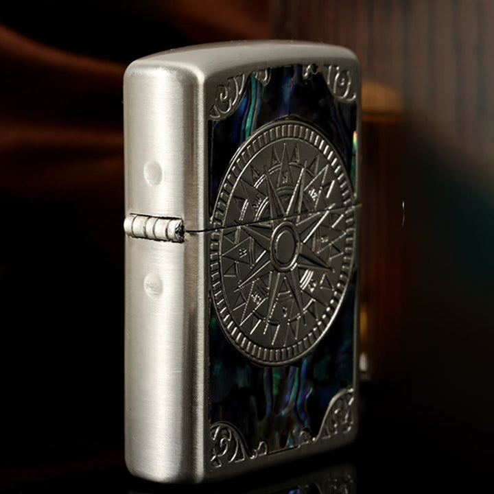 Silver Metal Colored Shell Compass Carved Kerosene Lighter - image 3