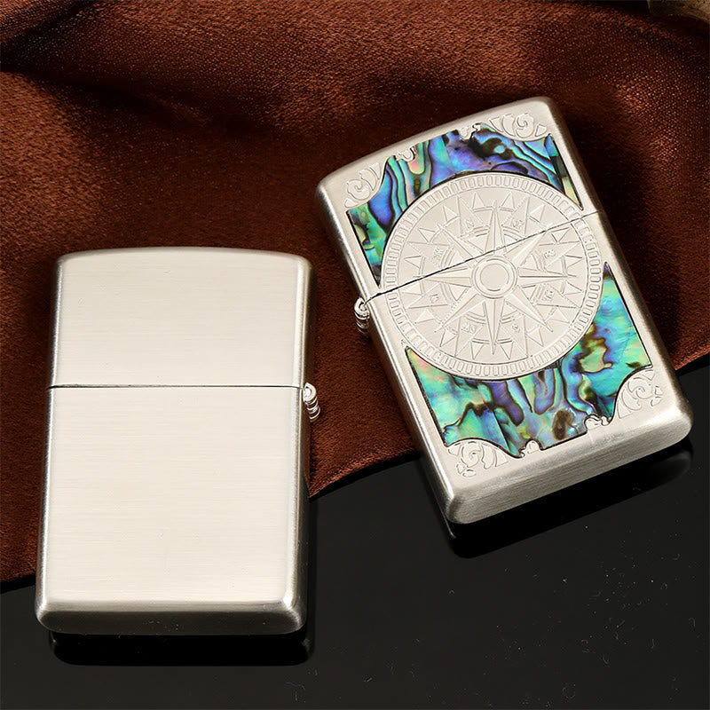 Silver Metal Colored Shell Compass Carved Kerosene Lighter - image 2