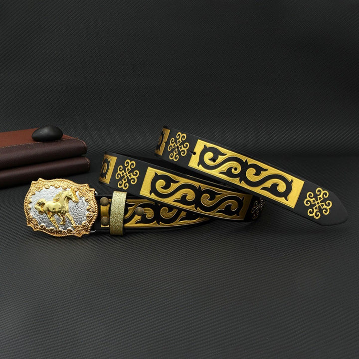 Men's Golden Horse Carving Buckle Black & Gold Embossed Belt - Golden - 40 - image 0