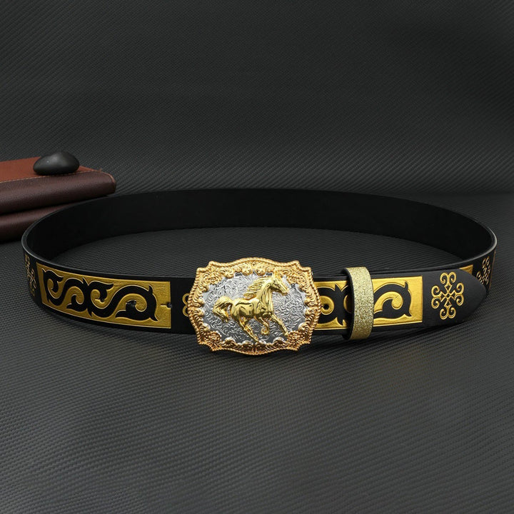 Men's Golden Horse Carving Buckle Black & Gold Embossed Belt - image 2