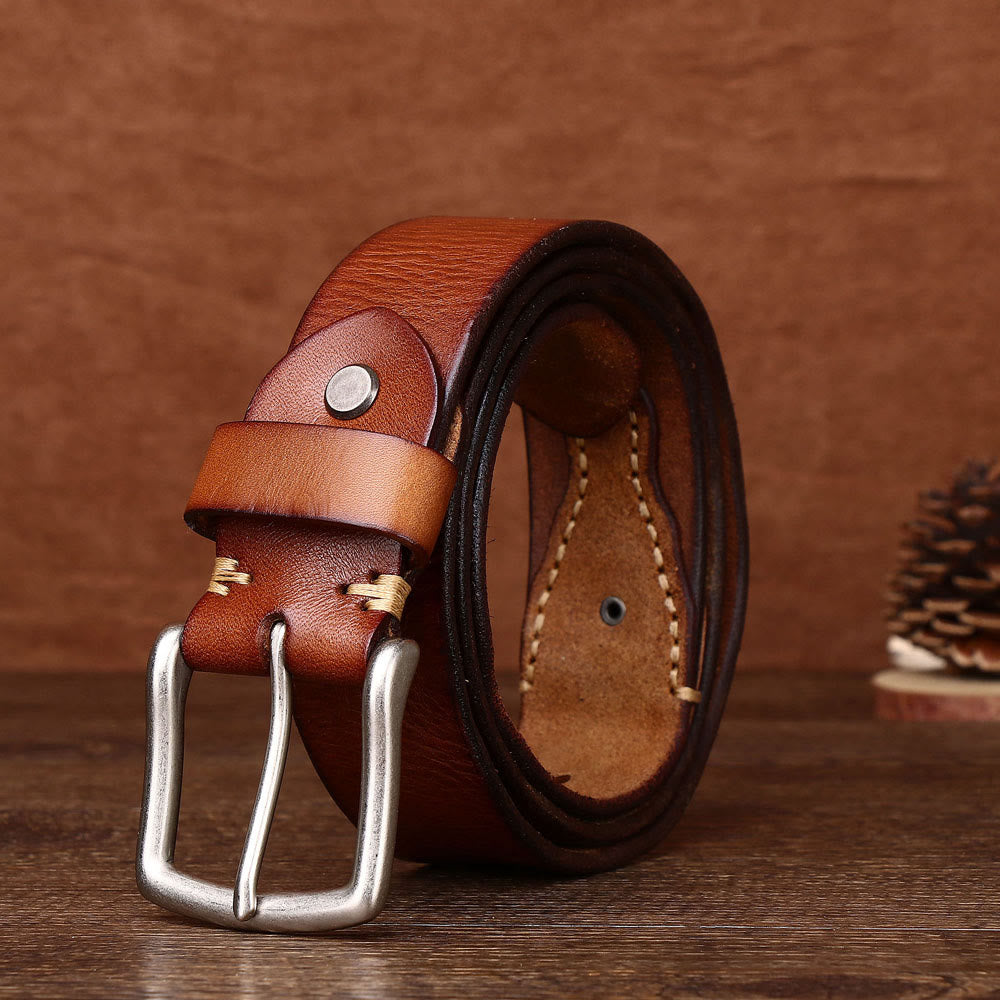 Men's Retro Silver Pin Buckle Leather Belt - Khaki - 44 - image 5
