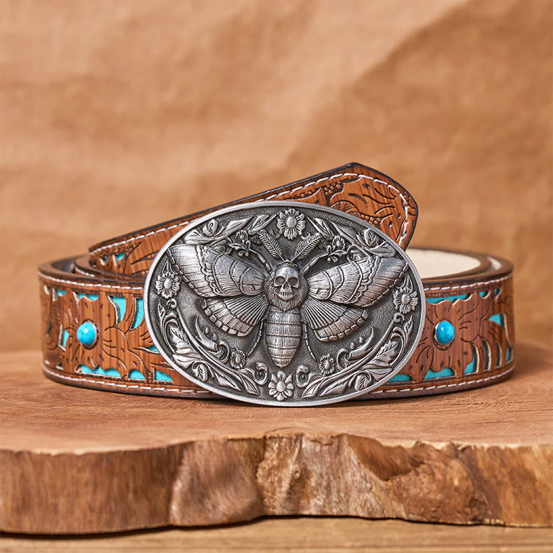 Dark Elegance Skull-Headed Moth Buckle Leather Belt - Silver - Turquoise Carved Belt - 42 - image 11