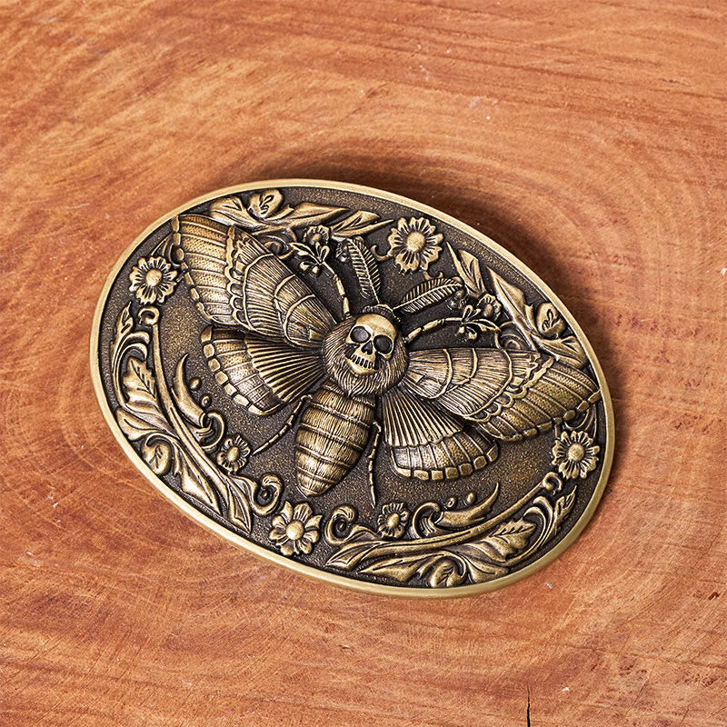 Dark Elegance Skull-Headed Moth Buckle Leather Belt - image 1