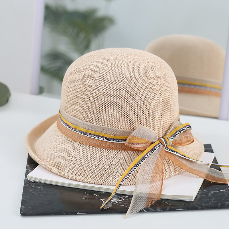 Women's Knitted Ribbon Bow Decor Bucket Hat - Off-white - M (22 1/2'') - image 0